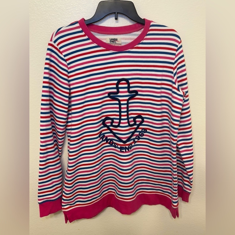 Lands' End Women's Anchor Striped Sweater - Pink and Blue - Picture 2 of 6